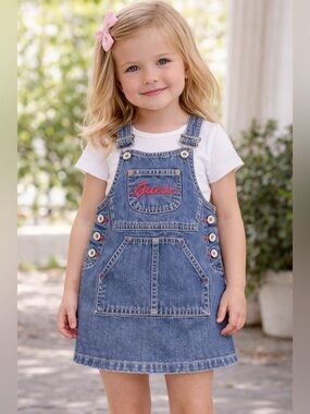 GUESS Girl’s Jean Dress with Red Logo Detail